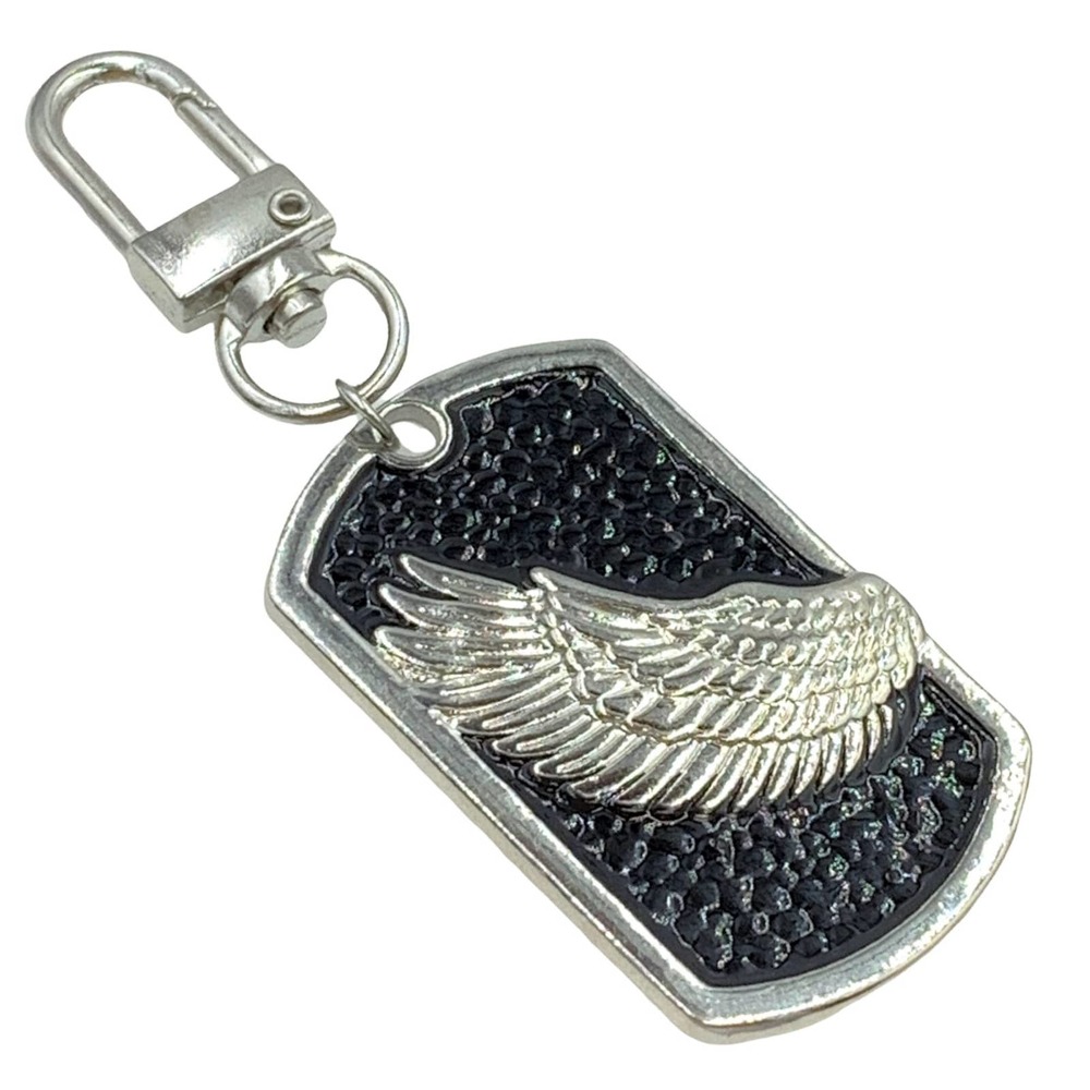 Set of 2 -  Guardian Angel Wing Dog Tag Keychain, Silver & Black